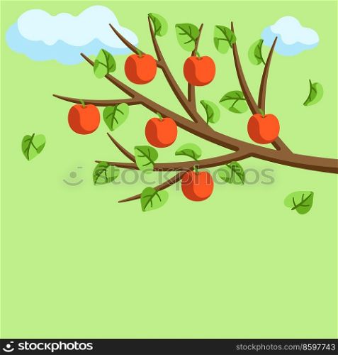 Summer tree with branch apples and leaves. Seasonal nature illustration.. Summer tree branch with apples and leaves. Seasonal illustration.