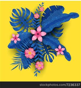 Summer trendy template exotic plants and hibiscus flowers tropical background. Summer trendy template exotic plants and hibiscus flowers tropical background. Trend pattern jungle. Vector, illustration, isolated, poster, banner, flyer, invitation