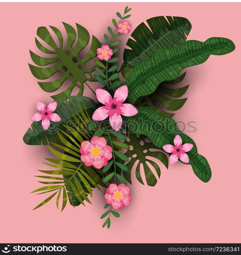 Summer trendy template exotic plants and hibiscus flowers tropical background. Summer trendy template exotic plants and hibiscus flowers tropical background. Trend pattern jungle. Vector, illustration, isolated, poster, banner, flyer, invitation