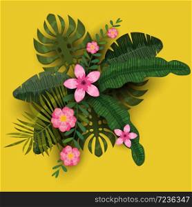 Summer trendy template exotic plants and hibiscus flowers tropical background. Summer trendy template exotic plants and hibiscus flowers tropical background. Trend pattern jungle. Vector, illustration, isolated, poster, banner, flyer, invitation