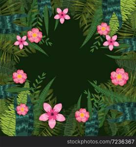 Summer trendy tropical leaves and flowers. Summer trendy tropical leaves and flowers. Design. background template of exotic plants and hibiscus flowers. Trend pattern jungle. Vector, illustration, isolated, poster, banner, flyer, invitation
