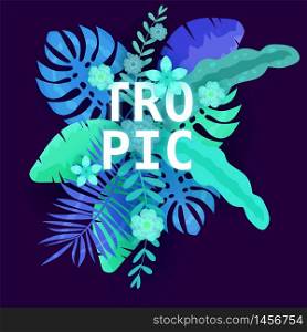 Summer Tropic trendy neon tropical leaves exotical plants palm jungle leaf. Summer Tropic trendy neon tropical leaves exotical plants palm jungle leaf. Trending colors on dark background template banner. Vector illustration isolated