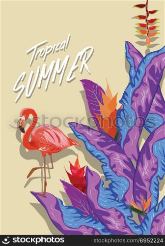 Summer tropical background. Flamingo bird with palm and banana leaves