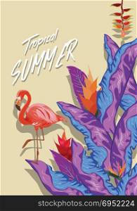 Summer tropical background. Flamingo bird with palm and banana leaves