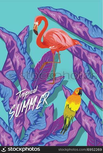 Summer tropical background. Flamingo bird with palm and banana leaves, parrot and datura flowers