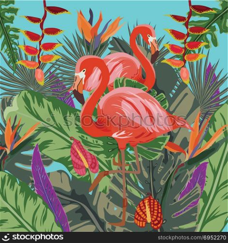 Summer tropical background. Flamingo bird with palm and banana leaves, parrot and datura flowers