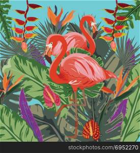 Summer tropical background. Flamingo bird with palm and banana leaves, parrot and datura flowers