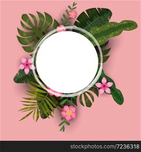 Summer tropical background template of exotic plants and hibiscus flowers. Summer tropical background template of exotic plants and hibiscus flowers. Trend pattern jungle. Vector, illustration, isolated, poster, banner, flyer, invitation