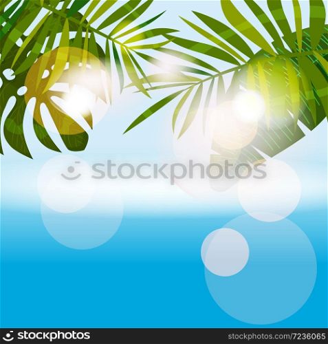 Summer tropical background template with exotic palm leaves and plants. Summer tropical background template with exotic palm leaves and plants, sea, ocean. Trend style design. Vector isolated, poster, flyer, invitation, banner