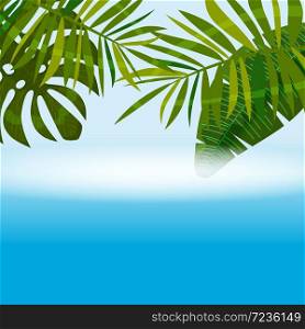 Summer tropical background template with exotic palm leaves and plants. Summer tropical background template with exotic palm leaves and plants, sea, ocean. Trend style design. Vector isolated, poster, flyer, invitation, banner