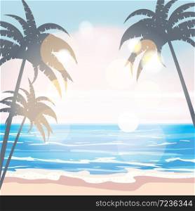 Summer tropical background template with exotic palm leaves and plants. Summer tropical background template with exotic palm leaves and plants, shore waves surf sea, ocean. Trend style design. Vector isolated, poster, flyer, invitation, banner