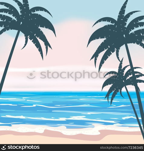 Summer tropical background template with exotic palm leaves and plants. Summer tropical background template with exotic palm leaves and plants, shore waves surf sea, ocean. Trend style design. Vector isolated, poster, flyer, invitation, banner