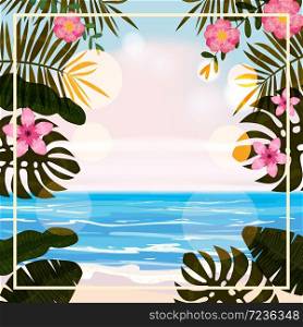Summer tropical background template with exotic palm leaves and plants. Summer tropical background template with exotic palm leaves and plants, shore waves surf sea, ocean. Trend style design. Vector isolated, poster, flyer, invitation, banner