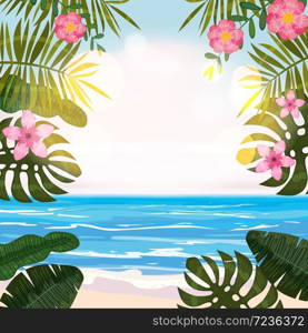 Summer tropical background with exotic floral plants leaves palm, beach ocean seashore. Summer tropical background with exotic floral plants leaves palm, beach ocean seashore, sky, clouds. Template summertime vacation holiday baner, poster, flyer, invitation card vector, isolated