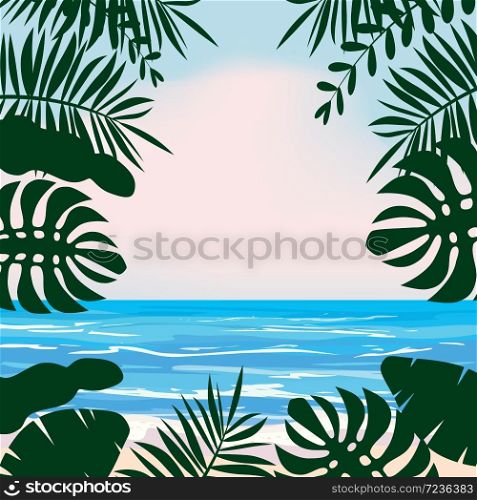 Summer tropical background with exotic floral plants leaves palm, beach ocean seashore. Summer tropical background with exotic floral plants leaves palm, beach ocean seashore, sky, clouds. Template summertime vacation holiday baner, poster, flyer, invitation card vector, isolated