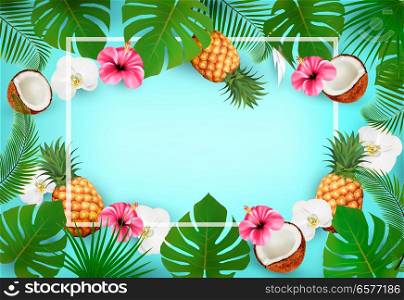 Summer tropical background with exotic palm leaves and flowers and a coconut. Vector