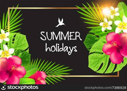 Summer tropical background with flowers and palm leaves in golden frame. Vector illustration