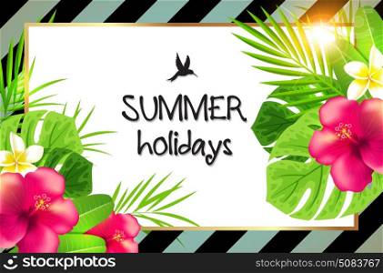 Summer tropical background with green palm leaves and red flowers. Summer holiday lettering. Retro striped background.