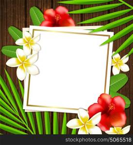 Summer tropical background with green palm leaves, flowers and sheet of paper.