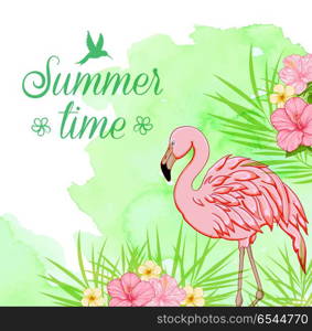 Summer tropical background with palm leaves, pink flamingo and green watercolor texture. Summer time lettering. . Green watercolor background with flamingo