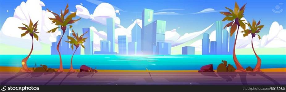 Summer tropical background with palm trees and empty asphalt road. Sea coast landscape and blue water surface with city buildings on skyline, sky with white clouds cartoon vector illustration. Summer tropical background with palm and road