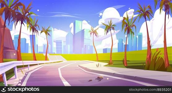 Summer tropical background with palm trees and empty asphalt road with fence. Perspective view landscape with rock and city buildings on skyline, sky with white clouds cartoon vector illustration. Summer tropical background with palm and road