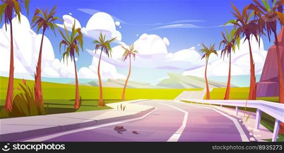 Summer tropical background with palm trees and empty asphalt road with fence. Sea coast landscape with rock and blue water surface on skyline, sky with white clouds cartoon vector illustration. Summer tropical background with palm and road