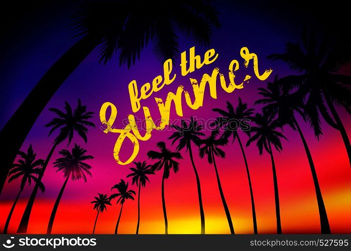 Summer tropical background with palms, sky and sunset. Summer placard poster flyer invitation card. feel the Summer. Summer tropical background with palms, sky and sunset. Summer placard poster flyer invitation card. feel the Summer.