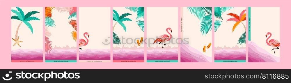 Summer tropical background with pink beach frame design collection for social media stories or poster, card