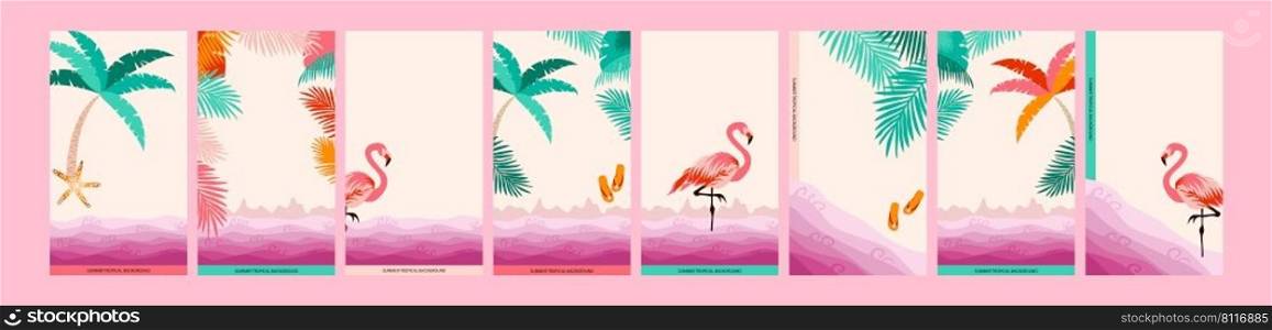 Summer tropical background with pink beach frame design collection for social media stories or poster, card