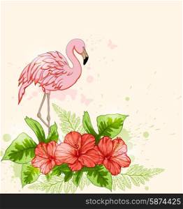Summer tropical background with red flowers and pink flamingo