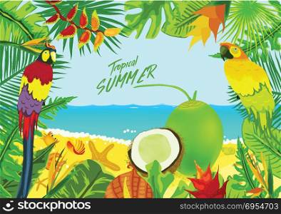Summer tropical backgrounds set with palms, sky and sunset. Summer placard poster flyer invitation card. Summertime