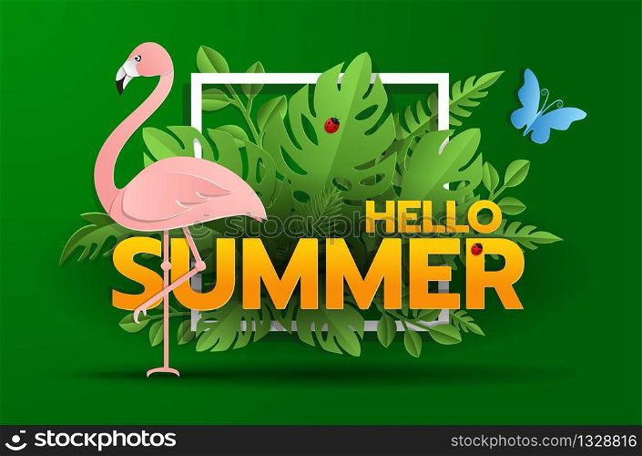 Summer Tropical Flowers and Flamingo Summer Wedding Card, Exotic Floral Invitation in Vector