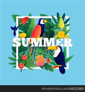 Summer Tropical Frame. Summer tropical frame with plants fruits and birds vector illustration