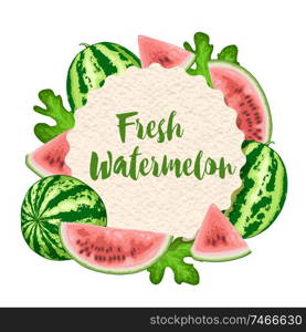 Summer tropical frame with ripe juicy watermelon. Vector background