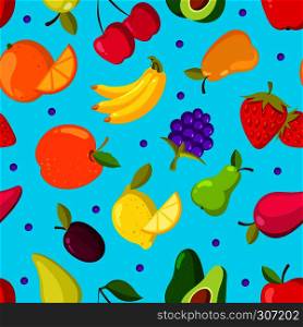 Summer tropical fruits vector seamless background. Pattern with exotic fruits, illustration of summer nature fruit. Summer tropical fruits vector seamless background