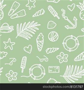 Summer tropical green seamless pattern vector illustration. Background with holiday and travel items. Print for packaging, textile, paper and design. Model decoration with palm trees, shells, sports games. Summer tropical green seamless pattern vector illustration