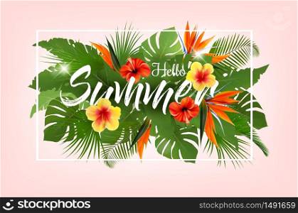Summer tropical holiday background with exotic palm leaves and colorful tropic flowers. Vector