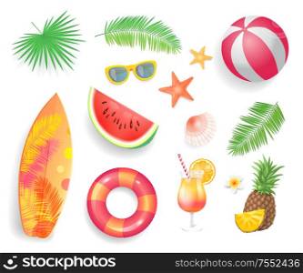 Summer tropical items set isolated icons vector. Surfboard and sunglasses, ball and lifebuoy, cocktail and pineapple. Starfish and seashell leaves. Summer Tropical Items Icons Vector Illustration