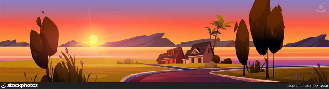 Summer tropical landscape with village houses on sea harbor beach at sunset. Vector cartoon illustration of ocean bay, lake or river coast, cottages, green grass, trees, mountains and sun on horizon. Summer landscape with houses on beach at sunset