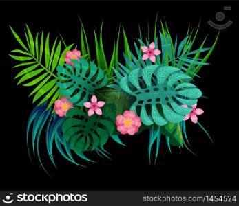 Summer tropical leaves exotical plants palm jungle leaf. Summer tropical leaves exotical plants palm jungle leaf. Trending colors on dark background template banner. Vector illustration isolated