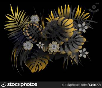 Summer tropical leaves exotical plants palm jungle leaf. Summer tropical leaves with black and gold exotical plants palm jungle leaf. Trending colors on dark background template banner. Vector illustration isolated