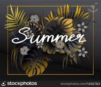 Summer tropical leaves exotical plants palm jungle leaf lettering. Summer tropical leaves lettering with black and gold exotical plants palm jungle leaf. Trending colors on dark background template banner. Vector illustration isolated