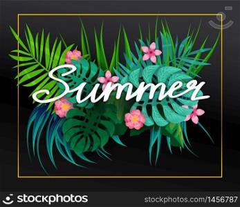 Summer tropical leaves exotical plants palm jungle leaf lettering. Summer tropical leaves exotical plants palm jungle leaf lettering. Trending colors on dark background template banner. Vector illustration isolated