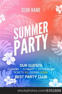 Summer tropical party flyer design template. Hawaiian floral exotic poster. Vector colorful summer vacation.. Summer tropical party flyer design template. Hawaiian floral exotic poster. Vector colorful summer vacation