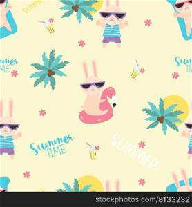 Summer tropical seamless pattern. Cute bunnies in sunglasses tourists with cocktail, on waterproof inflatable mattress on background with tropical palm trees. Vector illustration with hare character