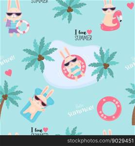 Summer tropical seamless pattern. Funny cute beach bunnies in sunglasses swim on waterproof inflatable circle and mattress on blue background with tropical palms. Vector illustration - love summer