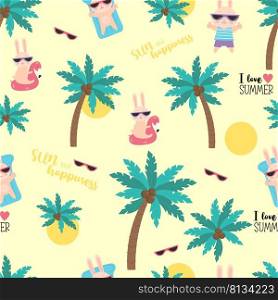 Summer tropical seamless pattern. Funny rabbits beachgoers in sunglasses and floating on waterproof inflatable mattress on light background with tropical palm trees. Vector illustration. I love summer