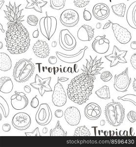 Summer tropical seamless pattern with ripe juicy fruits. Hand drawn vector background. Pineapple, banana, kiwi, avocado on a white background