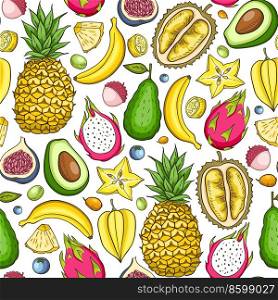 Summer tropical seamless pattern with ripe juicy fruits. Hand drawn vector background. Pineapple, banana, durian, avocado on a white background